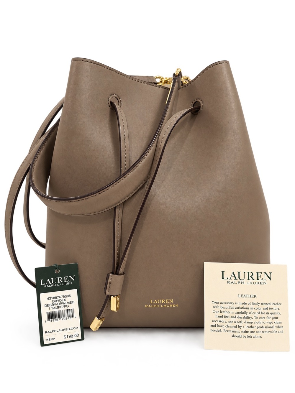 Lauren Ralph Lauren Taupe Leather Drawstring Bucket Bag Debby Dryden Medium NWT